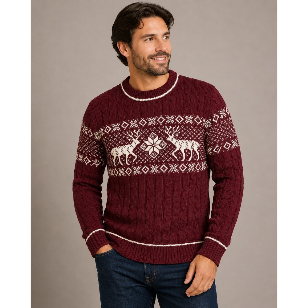 Vintage JCPenney Cable Knit‎ Sweater Men Medium Fair Isle Reindeer Maroon 80s